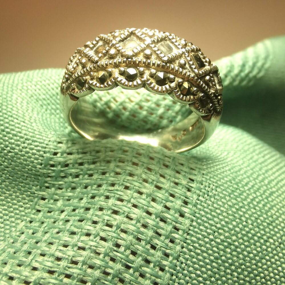 Thailand Sterling Silver Marcasite Lattice Band Ring 925 Size 6.5 Wide 5mm 1990s